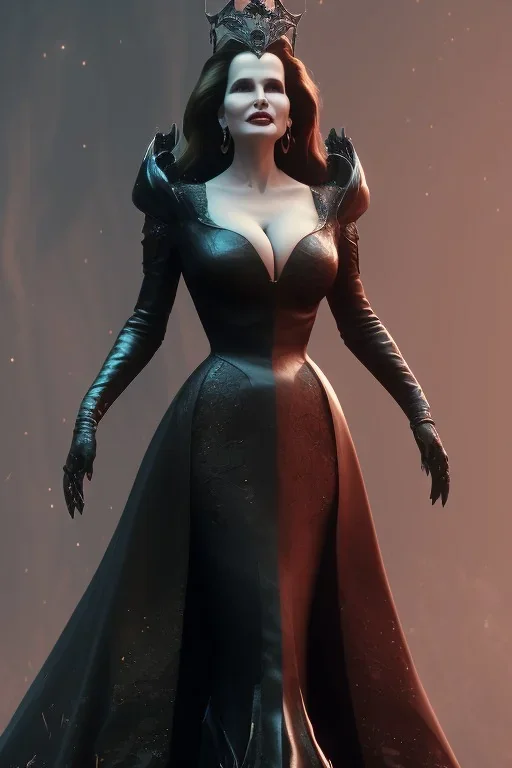 Geena Davis as evil queen in black leather gown, evil, busty, cleavage, curvy, angry, stern look. character design by cory loftis, fenghua zhong, ryohei hase, ismail inceoglu and ruan jia. unreal engine 5, artistic lighting, highly detailed, photorealistic, fantasy