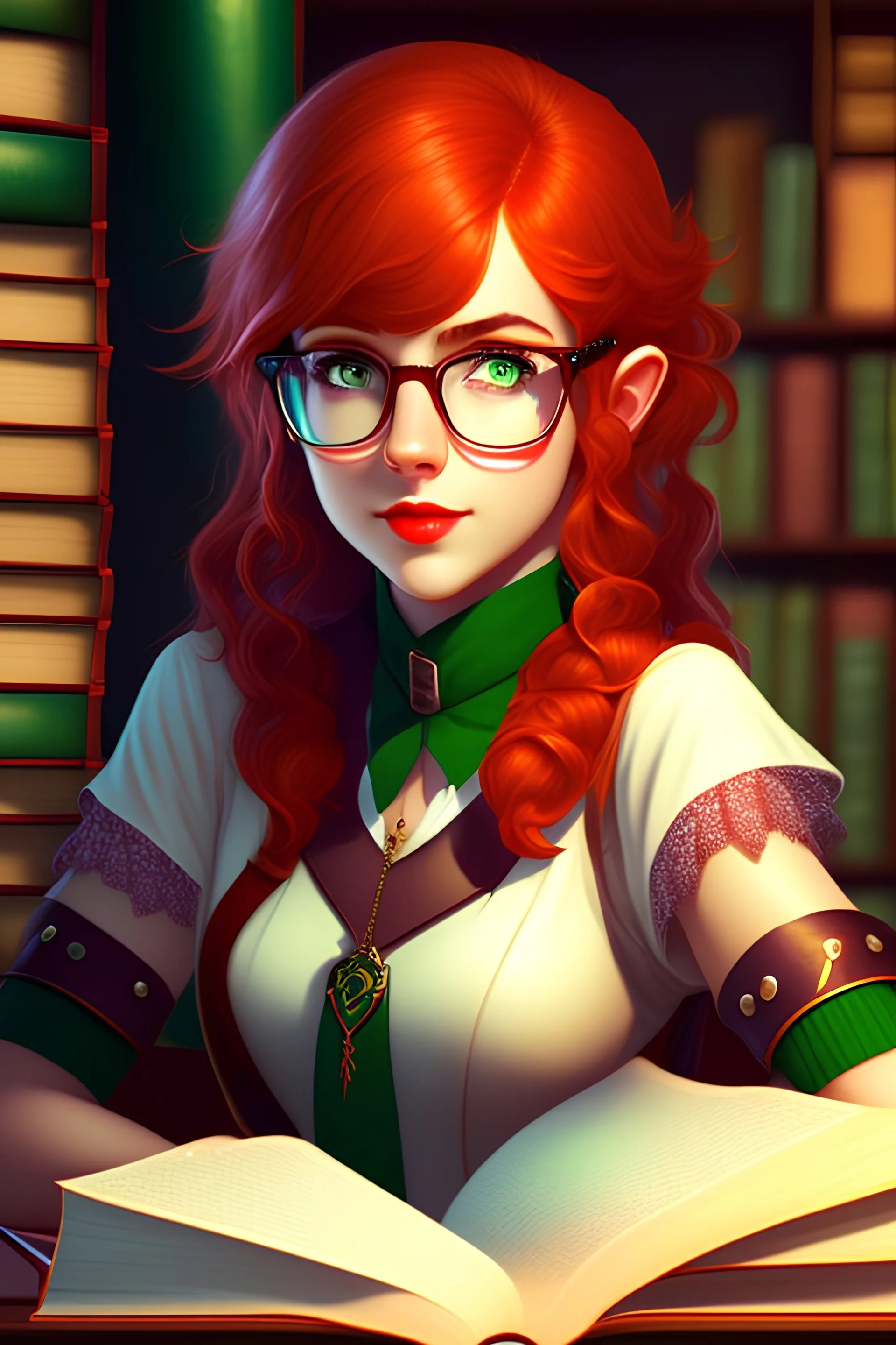 young elf woman, short shoulder length bright red hair, green eyes, freckles, shy, timid, nerdy, bookish, cute, natural beautiful, glasses, choker, skirt, spell caster, posing, resting over a desk, magic, library background, full body