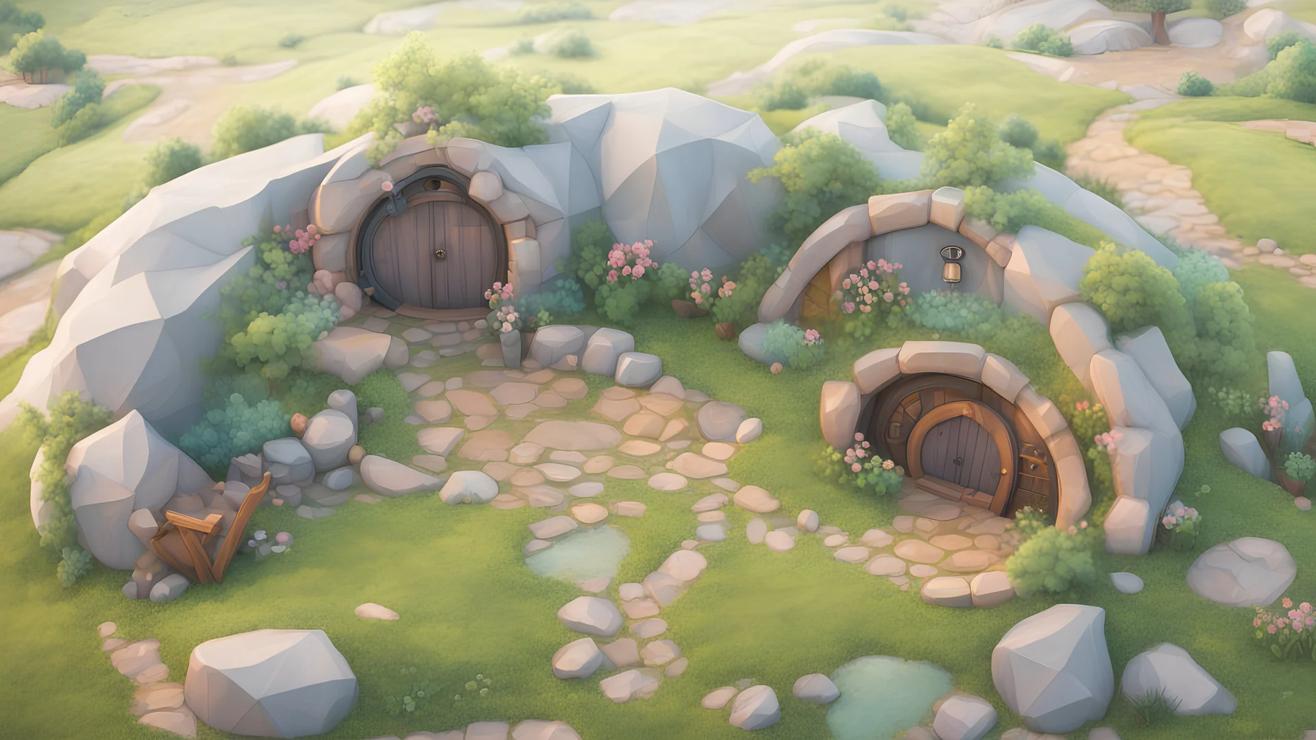 hobbit hole exterior view from outside above 3D low poly cartoon render style with soft pastel colors