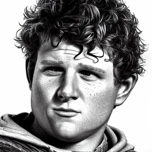 high-quality, fine-detail close-up pen and pencil sketch of samwise, portrait, 8k resolution, intricate, digital art, detailed matte painting, photorealistic, volumetric lighting, Rafael Augusto, Juan Francisco Casas, Anne Dittman, Anne Stokes, greg rutowski