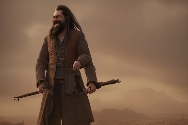 Laughing braided long haired bearded tall man wearing rugged long merchant's coat, medieval fantasy, dark background and lighting