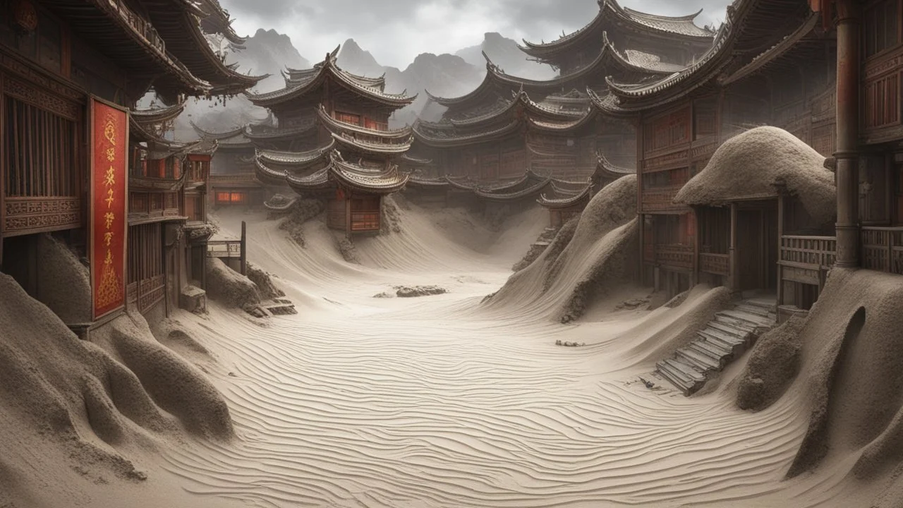 fantasy, chinese town, dune, crater, sand strom, destroyed chinese houses