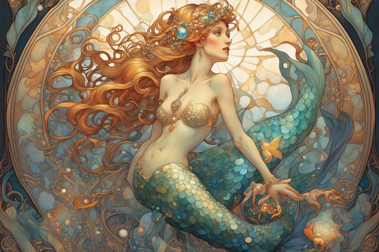 a beautiful mermaid with jewels elegant extremely detailed very attractive beautiful dynamic lighting colourful Alphonse Mucha