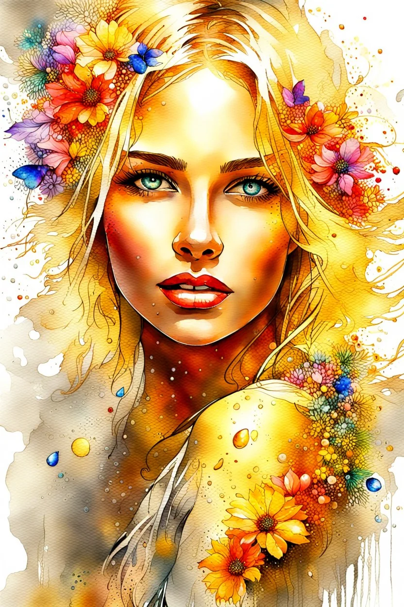 Gorgeous wet look watercolour, a beautiful sensual blond blonde woman, beautiful late summer flowers, colourful, enchanting, wet on wet, silver and gold drops, sparkling lights, winning, intricate, beautiful, gorgeous by Yossi Kotler,