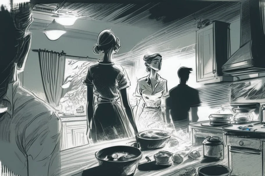 black and white storyboard, couple on foreground, we don t see them well because they are close and between them in the middle we see 3 cooks, scattered throughout the kitchen