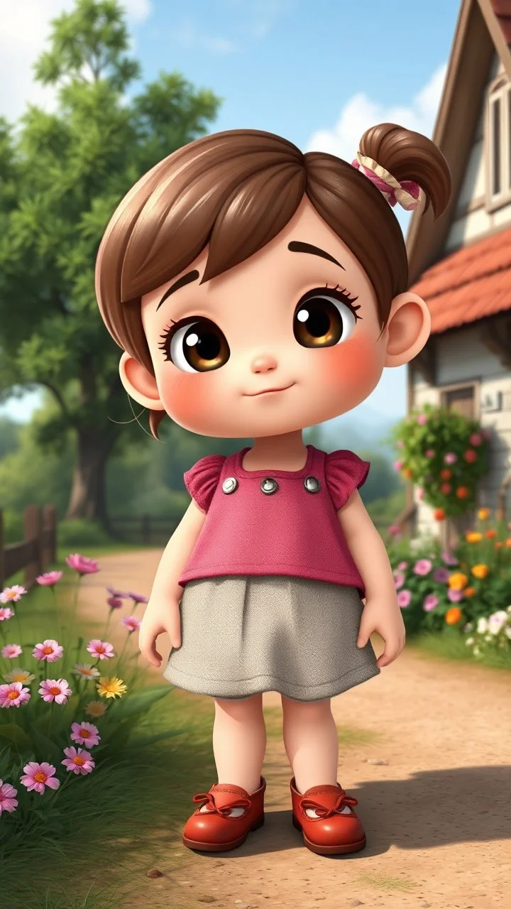 cartonic Chubby child girl with bold eyes with realistic hair and in pretty top and short tight and nice shoes,standing in country side next to country house with flowers,trees.