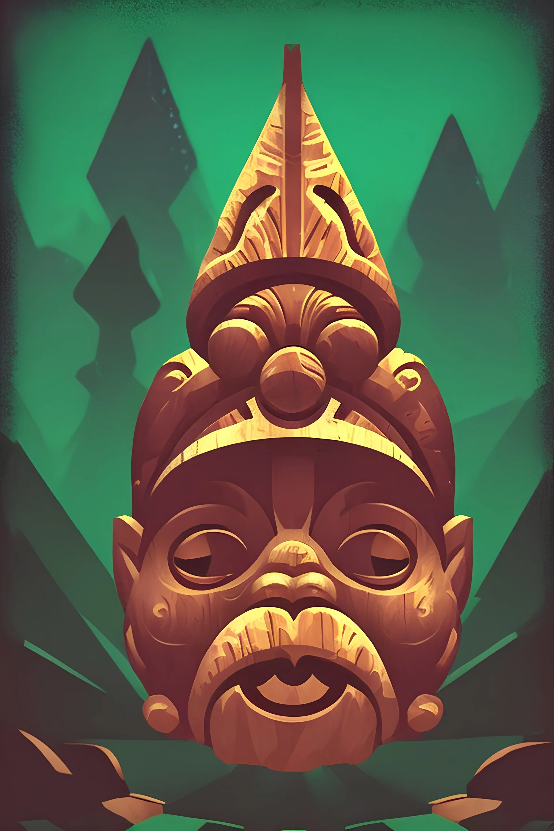 A gnome tiki. digital glitch art, mayan style. detailed gnome sheltering under a mushroom, art deco border, cosmic background with mountains in a mushroom forest getting beamed up from a spaceship. a campfire in the middle of the haunted death cult horror forest. art nouveau