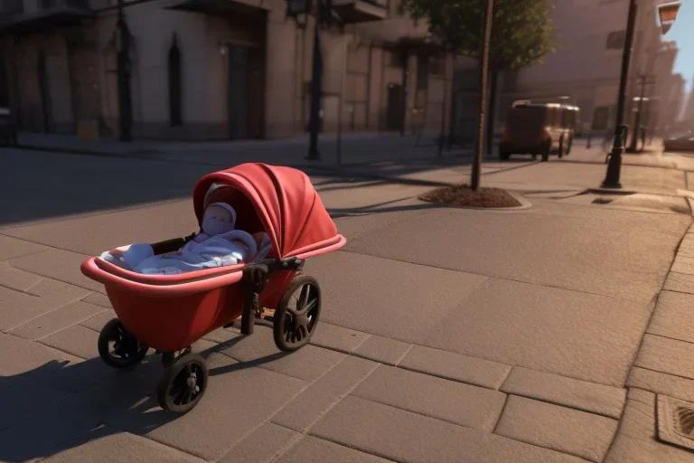 Looking downward into a baby carriage on a sidewalk. TheRe is a baby that looks like A young Donald Trump