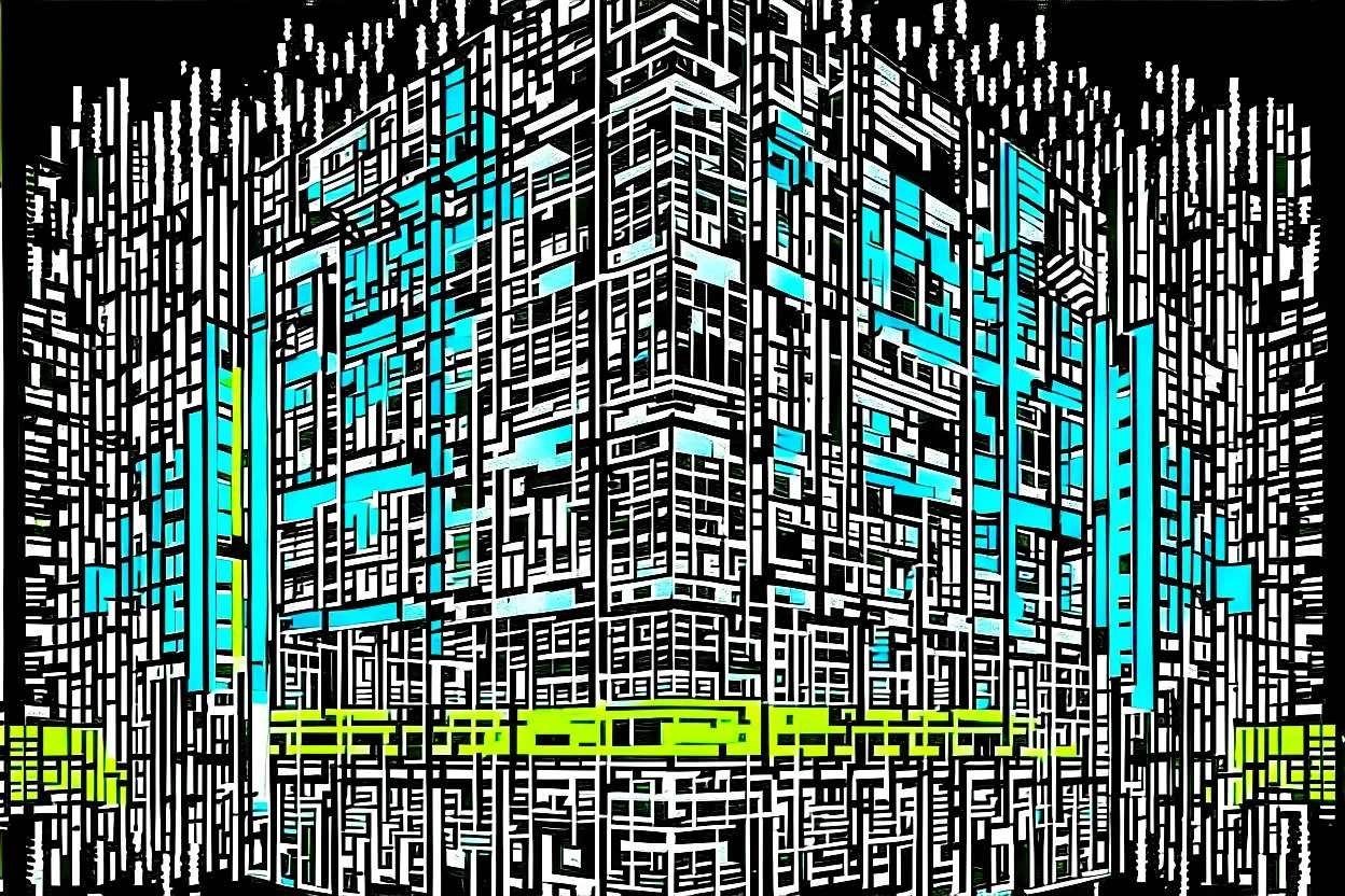 Double exposure transparent glich picture silhouette of a building, bridges, white noise, distorted, abstract patterns, glitch art with distorted shapes, optical illusion, gray-yellow and blue gradient effect, rhythmic noise particles. Grain scored texture. Black background.