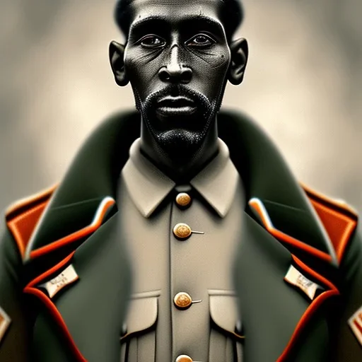 A colored image shoulder to head portrait of a 1930s thin black man in a ruined and torn WWI uniform. He has extremely long hair, a shaggy unshaven beard, and one eye missing. He has scars all over him. He has a huge frown and is staring at the screen