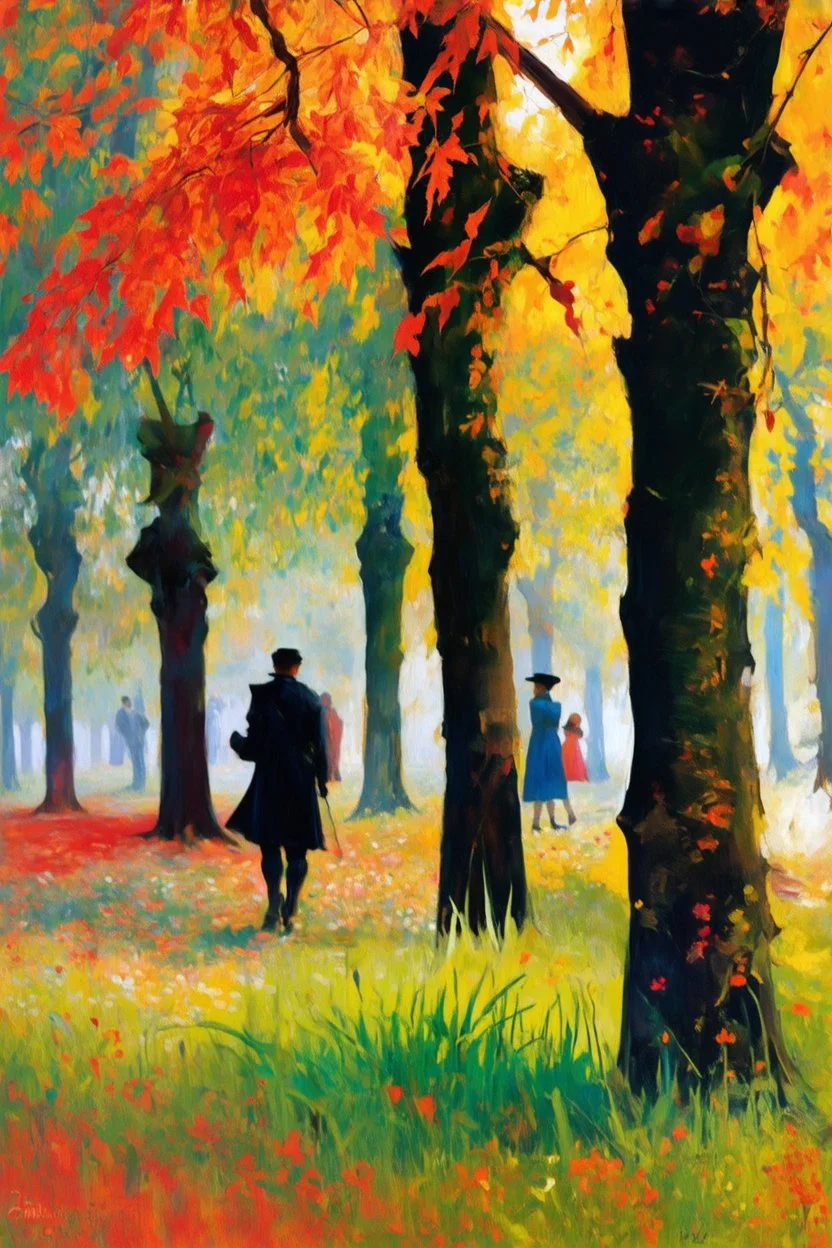 Trees, forest, autumn, grass, distant people, flowers, gothic horror films influence, mistery, charles leickert, and konstantin korovin inpressionisn paintings