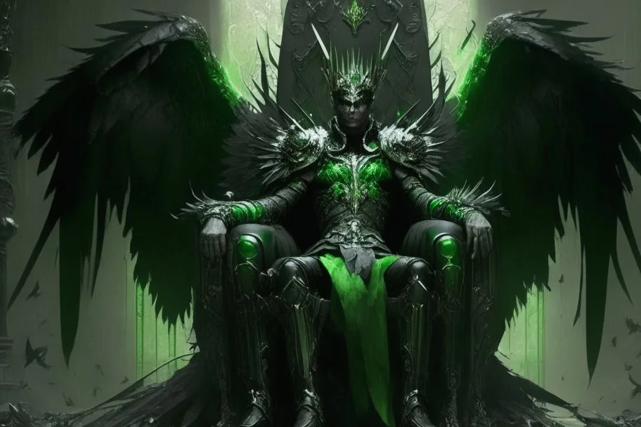 armadura negra y verde de hombre con alas de ángel sentada en un enorme trono con ojos