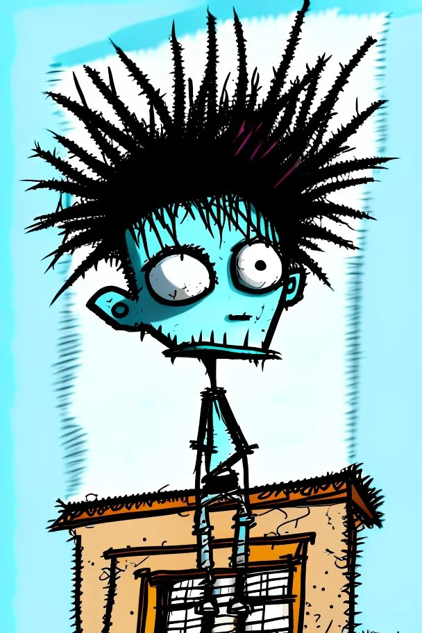 2d drawing of a stickman, cool with punk hair, x eyes like in hangman, driving a porch, 3d realistic in colour