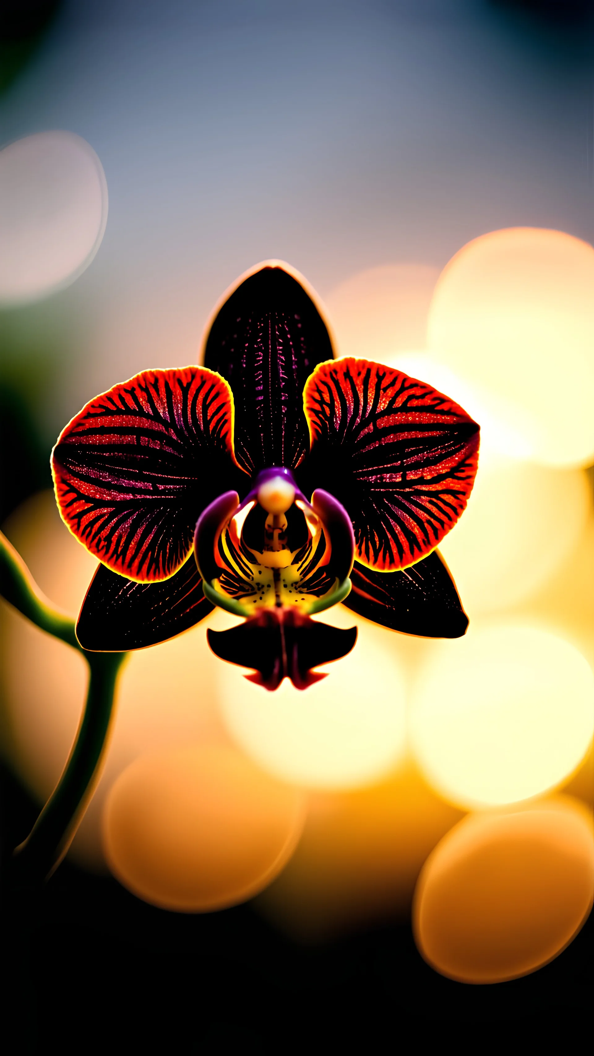 Photoreal microscopic close-up of a black transparent orchid , at twilight, backlight only, bokeh