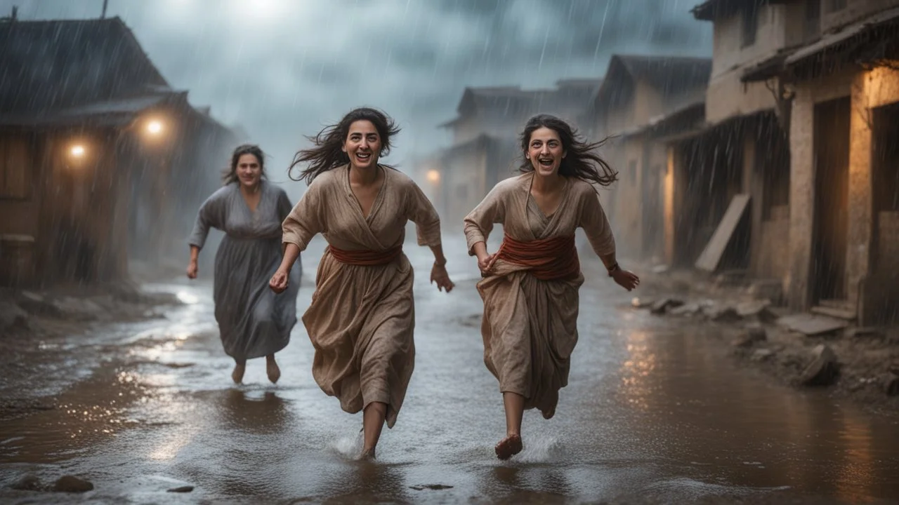 Hyper Realistic Beautiful-Happy-Pashto-Women running across the streets of her village riverside at heavy-rainy-night with dramatic-&-cinematic-ambiance