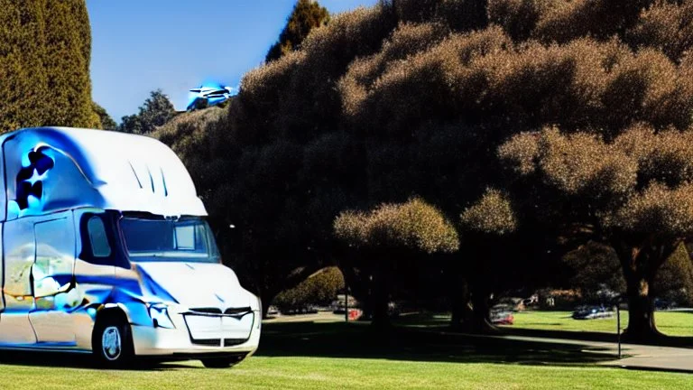 A Tesla semi-truck is parked, in the 'Golden Gate Park', in San Francisco. CINEMATIC. WIDE ANGLE LENS. PHOTO REAL.