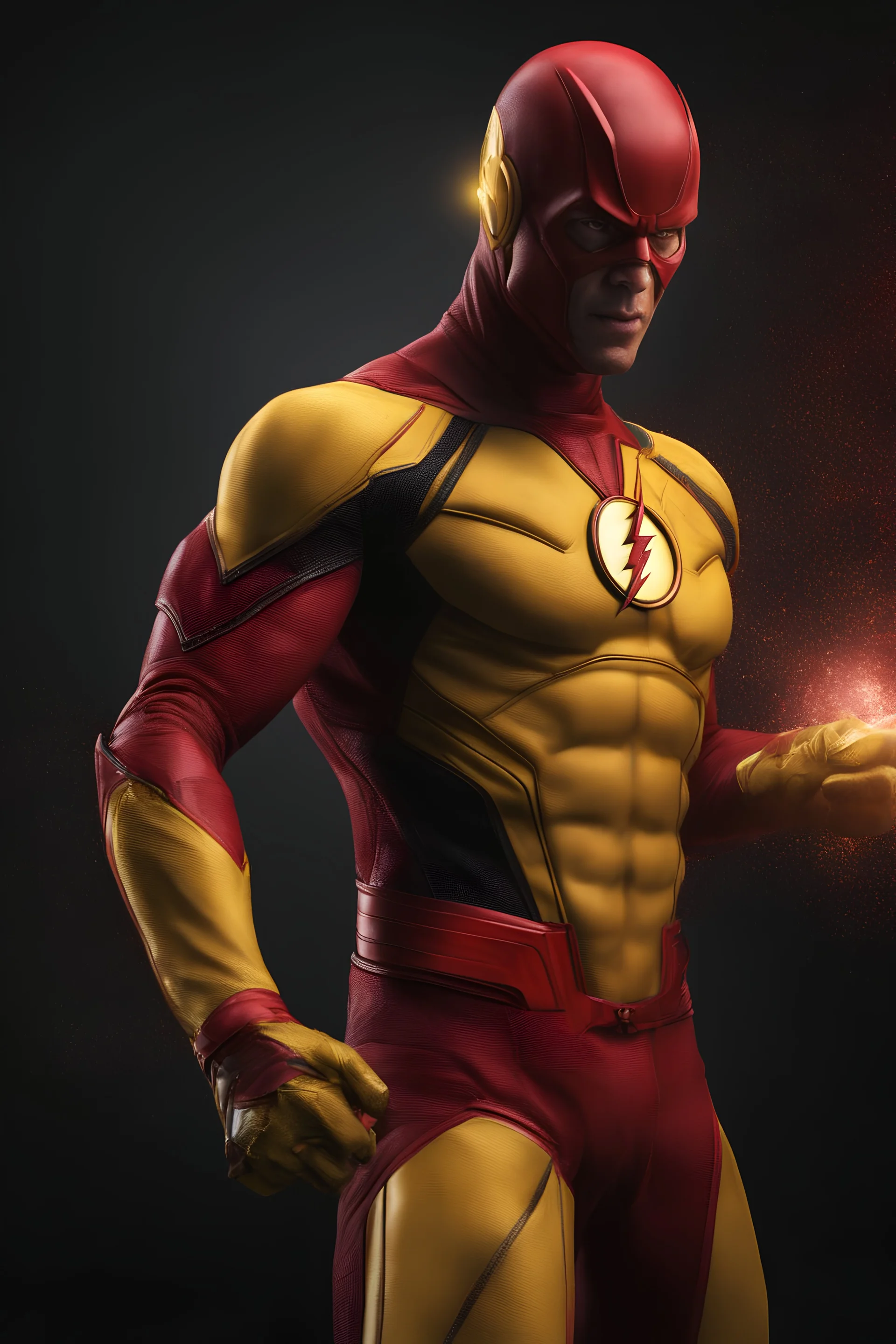 the Reverse Flash with yellow Flash suit, red boots, red belt, red wrist gauntlets, reversed red and black chest logo, extremely exaggerated muscular stature, posing for the cameras, Professional Quality 35mm Photograph, 4k UHD, hyper-realistic, Photorealistic, extremely detailed, High resolution