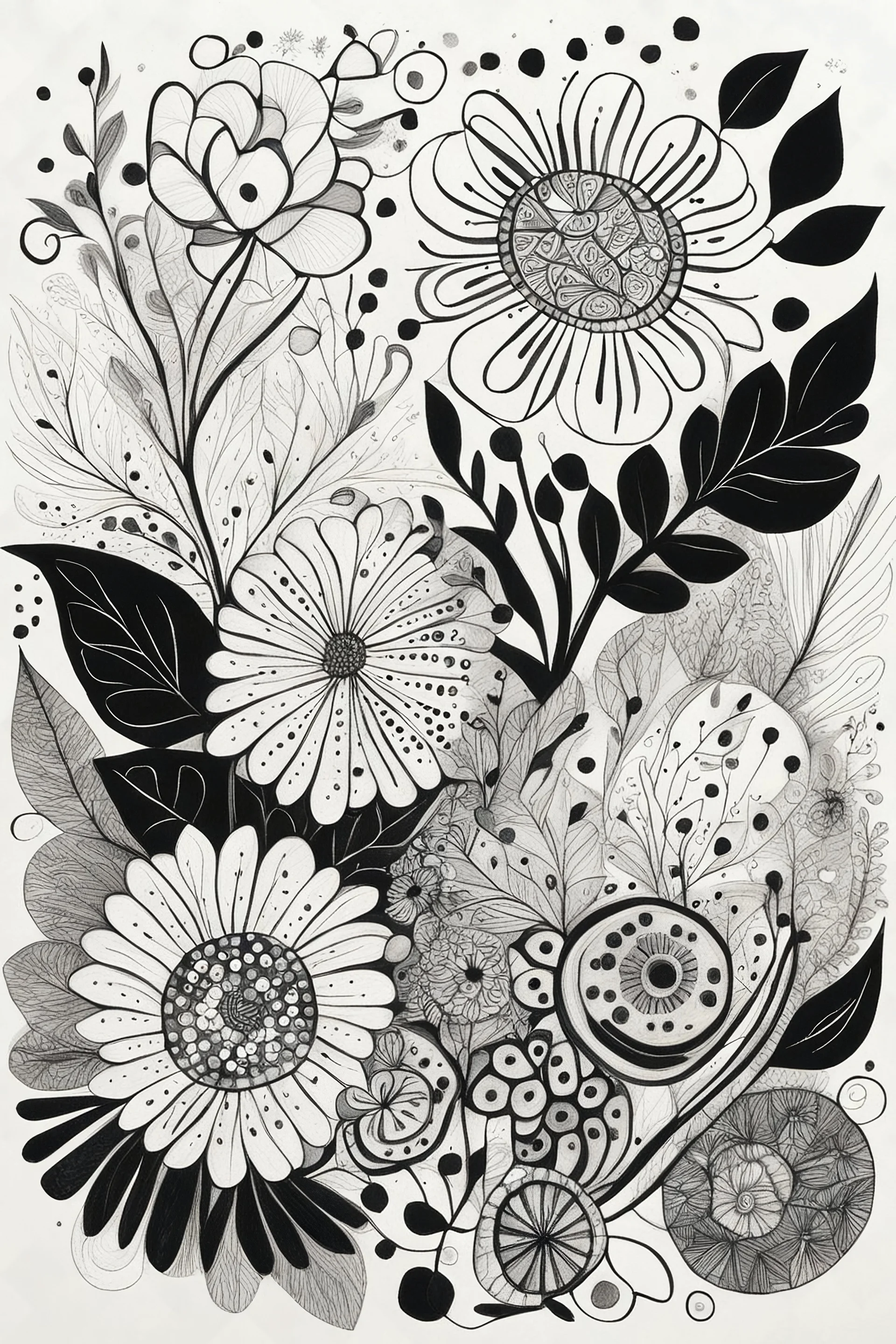 A hand-drawn black-and-white illustration featuring whimsical, abstract floral motifs created with a fine marker pen. The design includes a variety of circular and rectangular flower shapes with intricate patterns inside, such as dots, lines, and small geometric elements. Thin, flowing stems connect the flowers, adorned with simple, minimalist leaves. The composition has a playful and modern folk-art feel, with uneven, organic lines that give it a hand-crafted and imperfect charm. The black mark