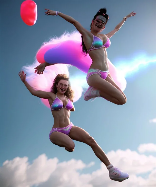 Ultra realistic speed clouds sky scene, wide angle view, sweet women falling down, inflatable color clothing, free jumping flying, many trinkets, hair monster, many jelly beans, balls, color smoke, smile, happy, circus style, extreme, wind, clouds sea, 20,000 feet altitude, stratosphere, soft color, highly detailed, unreal engine 5, ray tracing, RTX, lumen lighting, ultra detail, volumetric lighting, 3d, finely drawn, high definition, high resolution.