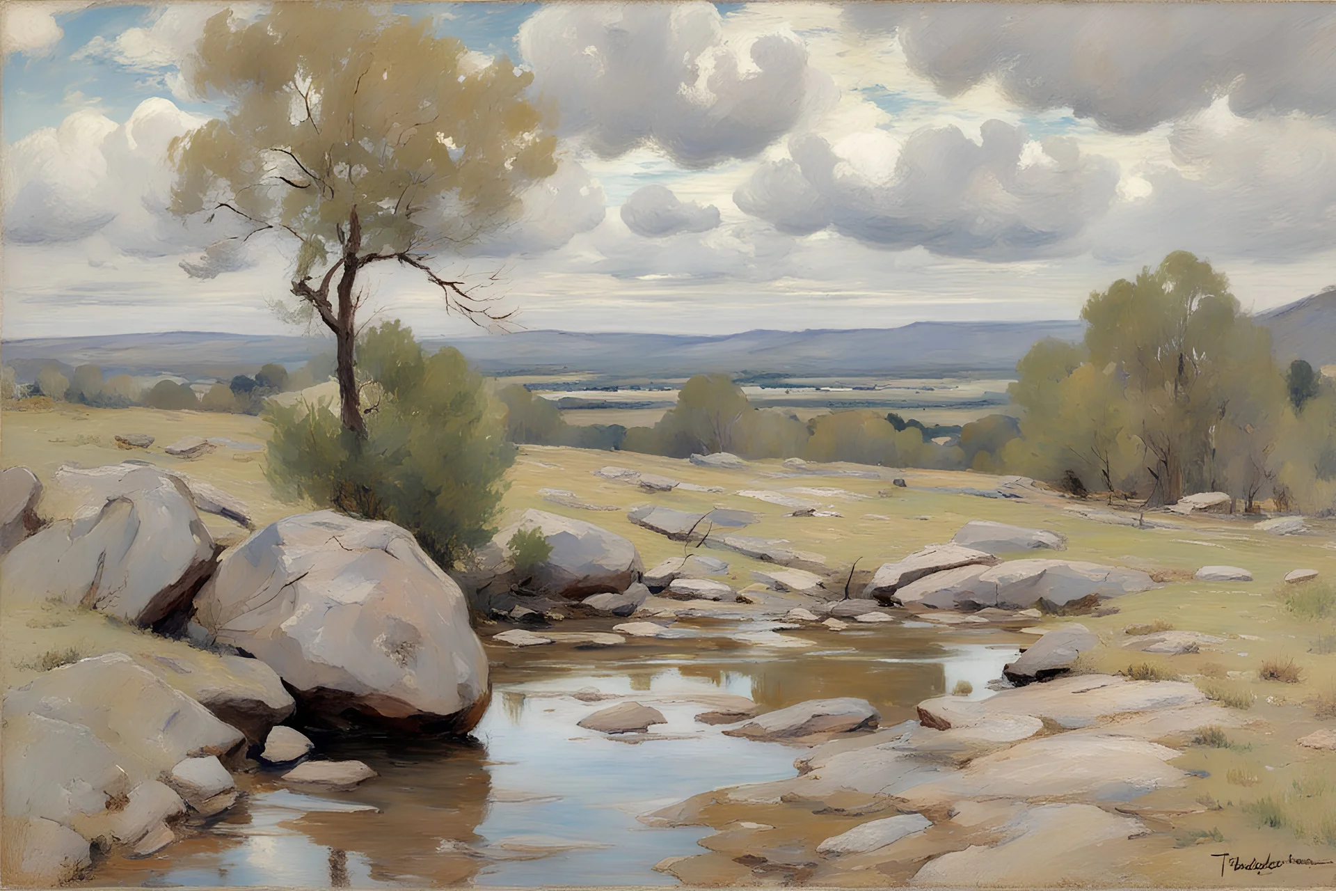 Clouds, Rocks, dry trees, branches, little puddles, theodore robinson impressionisn painting