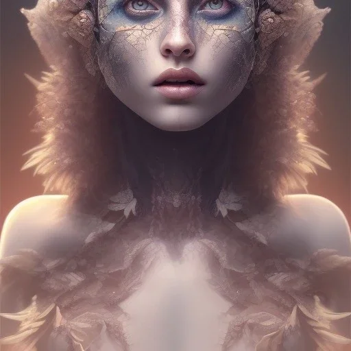 Portrait of beautiful girl, plant, metal, feathers, Dryad, fae, sidhe, ominous, nature, plants, wildflower, facepaint, dnd character portrait, intricate, oil on canvas, masterpiece, expert, insanely detailed, 4k resolution, retroanime style, cute big circular reflective eyes, cinematic smooth, intricate detail , soft smooth lighting, soft pastel colors, painted Renaissance style, 800mm lens