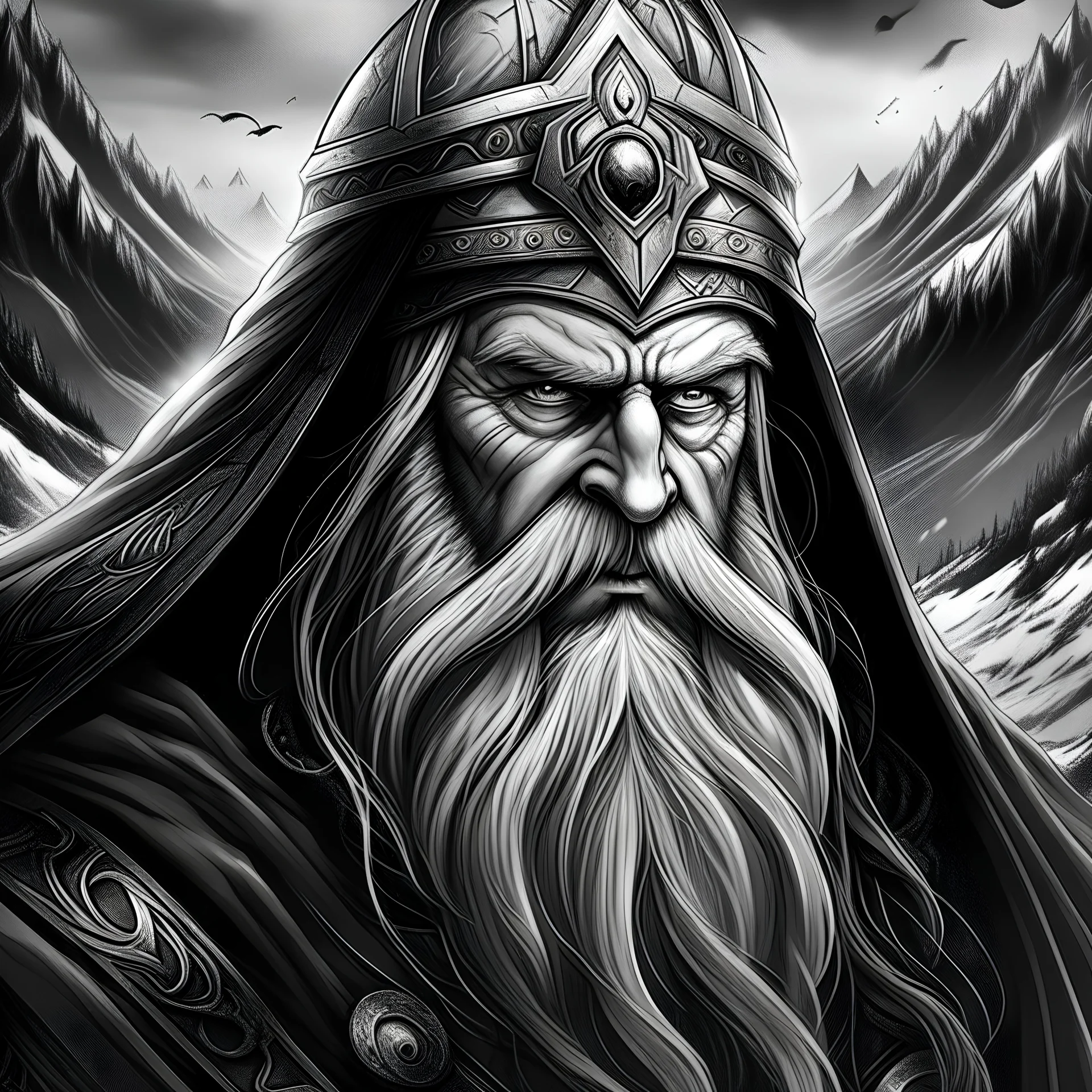 black and white album art of Odin with one eye, looking over midgard