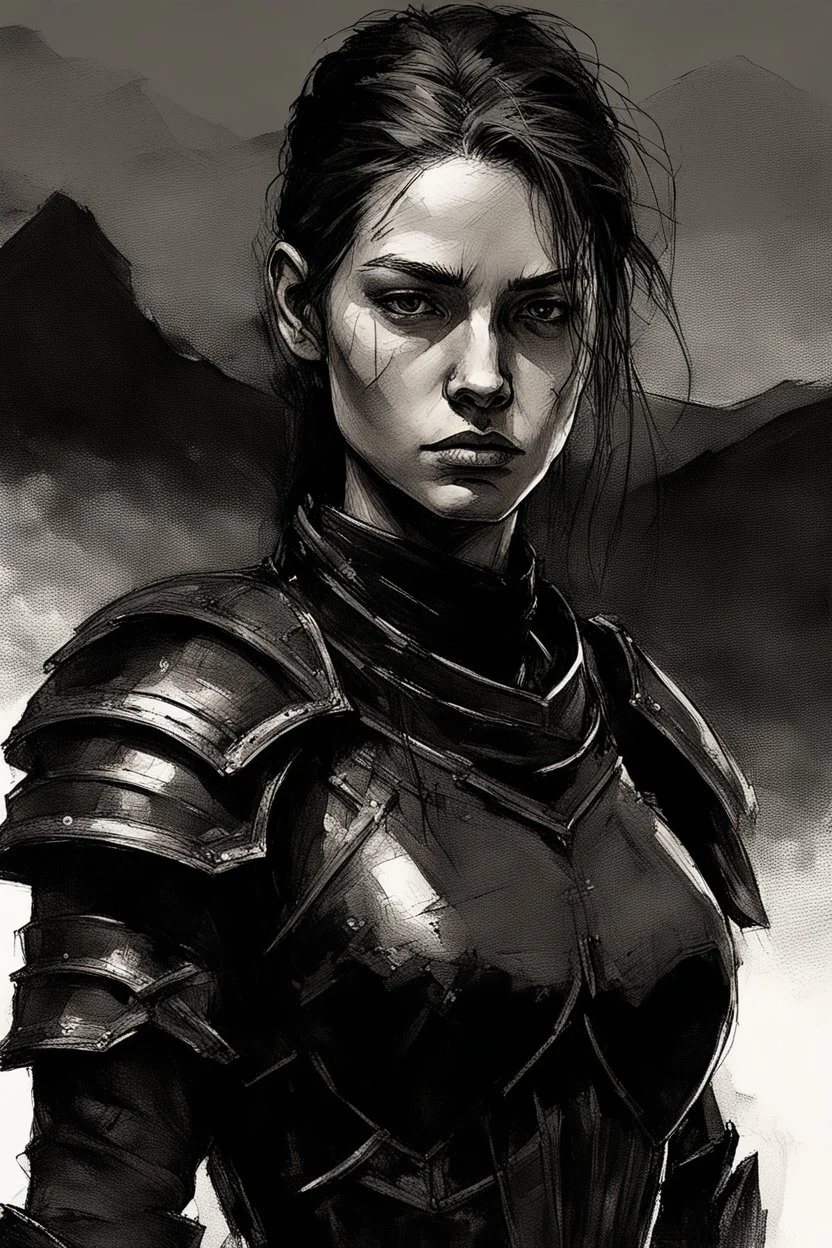 A formidable warrior girl in black armor, on the background Amazing gloomy landscape, flooded with sunset, mountains, trees, fabulous scary hero, , juicy emotions, painting, dark fantasy, gloomy day, dark world, portrait, A Quick Pencil Sketch Of A Portrait Of A 20 Years Old Woman; By Alex Maleev