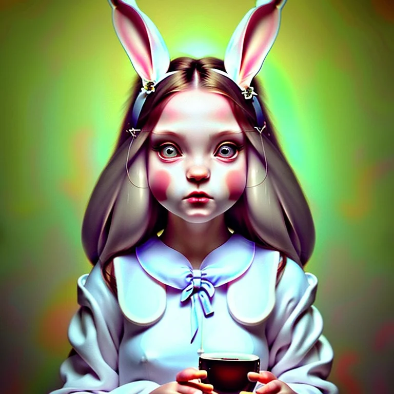 #Leonardoai Alice , photorealistic ,pop surreal , lowbrow art , enchanting portrait of a cute little girl , wearing rabbit ears , and drinking tea , together with a white rabbit , sweet , magical , cosy warm light , whimsical, alluring , dazzling ,, expressive