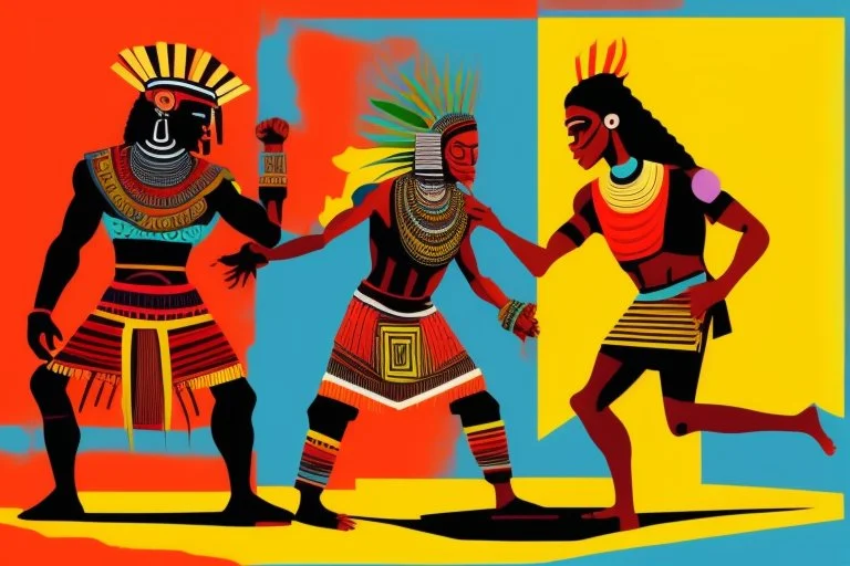 two arafed persons arguing in ritual combat stance, afrofuturism, arafed angularity, aztec vibe, patchwork vibe, side view, aztec room with extreme body action, sharp color contrasts, amazing shadows, exaggerated limbs and heads, minimal cozy, warm palette, bright bold warm summer colors, ritual scene, futuristic tribal style, Aztec influence, sculptural helmets, spiked headdress, geometric borders, patterned red rug over dark wooden floor, tribal ceramic vases with potted plants