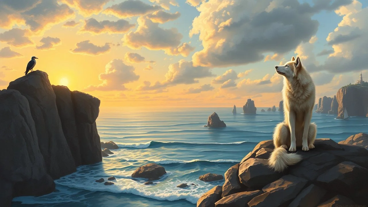 The image is a painting of a seascape scene with a wolf sitting on a rocky cliff overlooking the ocean. The sky is filled with clouds and the sun is setting, casting a warm orange glow over the horizon. The ocean is calm and the waves are gently lapping against the shore. On the left side of the image, there is a large rock formation with a bird perched on top. The wolf is looking out towards the horizon with its head turned towards the right side. In the distance, there are more rocks and bould