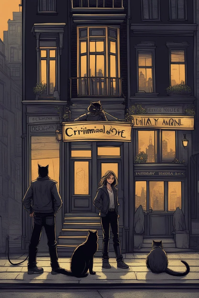 Design a book cover for fantasy criminal story. One teenage girl and two boys are on the town street—Black Cat as a company. The book is for teenagers—modern style.