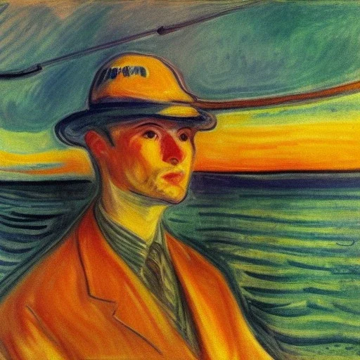 Portrait of crane bird fishing , sunset, by edvard munch 8k