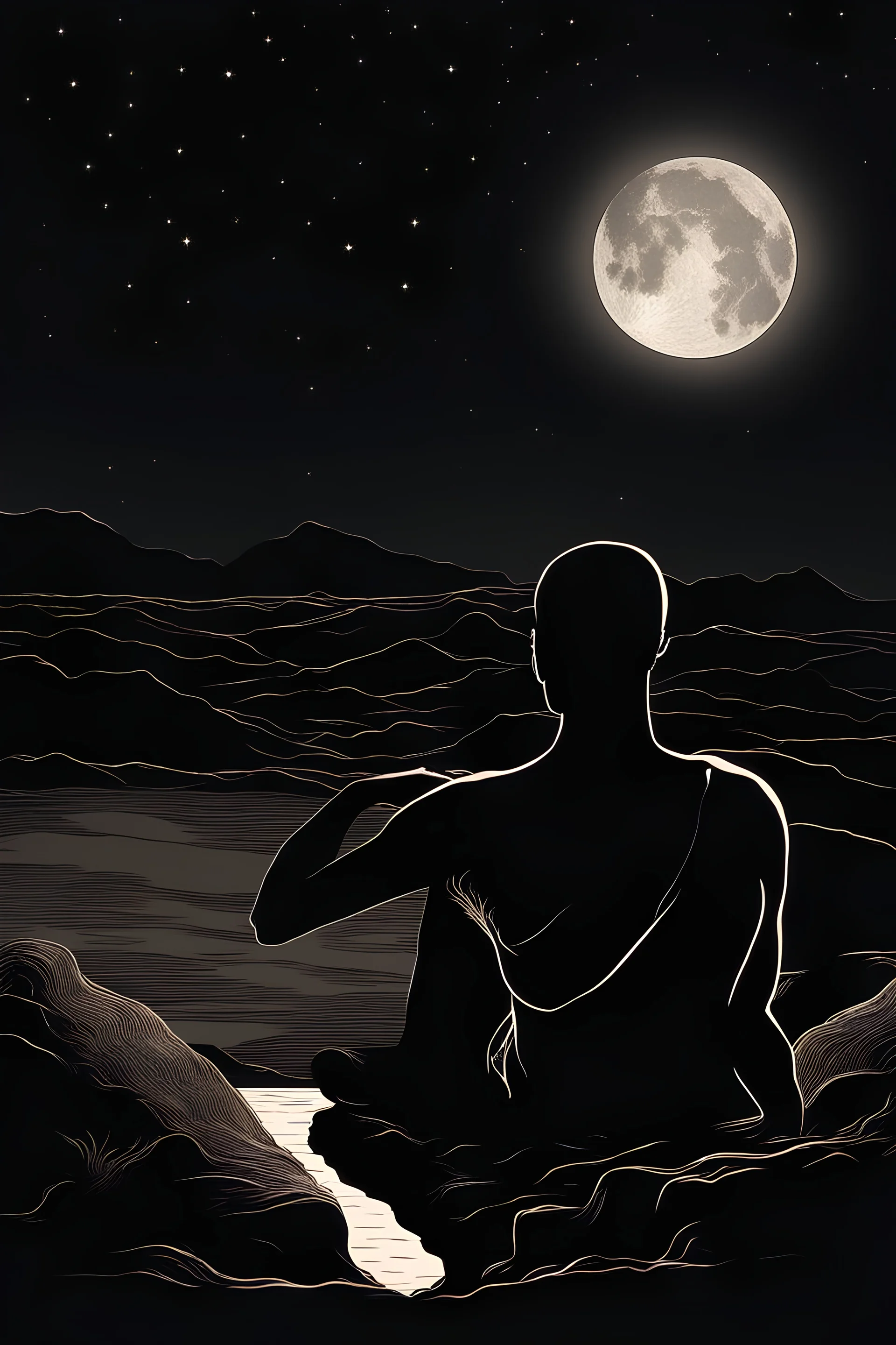 imagine a silhouette of an African man sitting while facing the horizon at the background. Beside him on his right is a lit lattern. He is facing the horizon where the moon has risen and stars are seen from far.