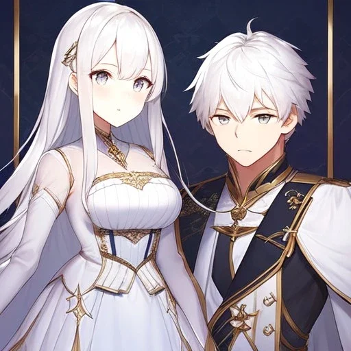 Twins, boy and girl, white hair, silver eyes, royal hall background