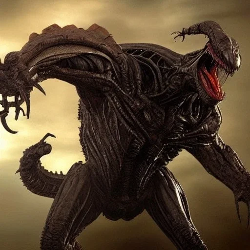 hybrid kaiju between alien xenomorph of ridley Scott and iron man