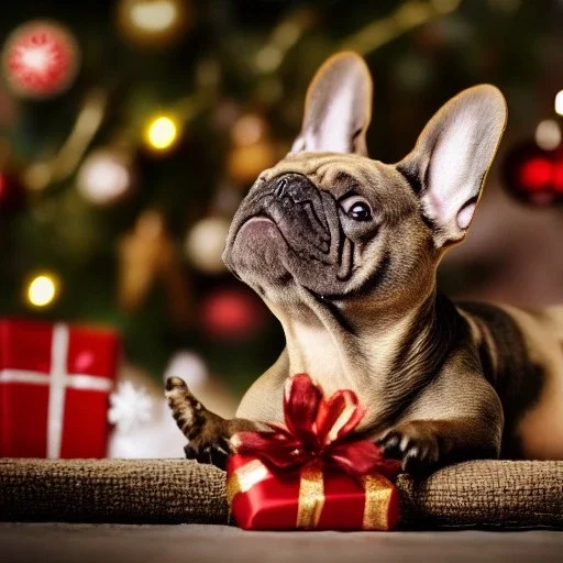 Portrait of a cute little french bulldog with brown fur celebrating new year and christmas