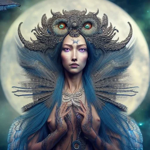 Insanely detailed photograph of an elaborate beautiful eagle goddess intricate glowing skin eyes intricate face hair lashes fur dress hyperdetailed painting by Anna Dittmann Huang Guangjian and Dan Witz CGSociety ZBrush Central fantasy art album cover art 4K 64 megapixels 8K resolution HDR Greek shiny space colours jewelry celestial hair eyes light"