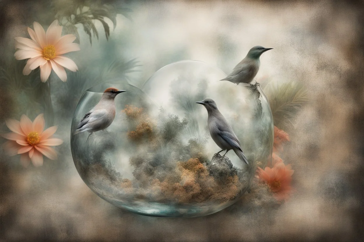 birds, blur 5%, flowers, double exposure, merged layers, in the first part (near to us) of the picture you can see a plain sandblown smoked glass, engraved with a folk art pattern, the glass is cracked in several places, in some places the glass is broken, crumpled burlap, through it you can see a tropical rainforest with a waterfall, mist, fog, sunrise, gemstones