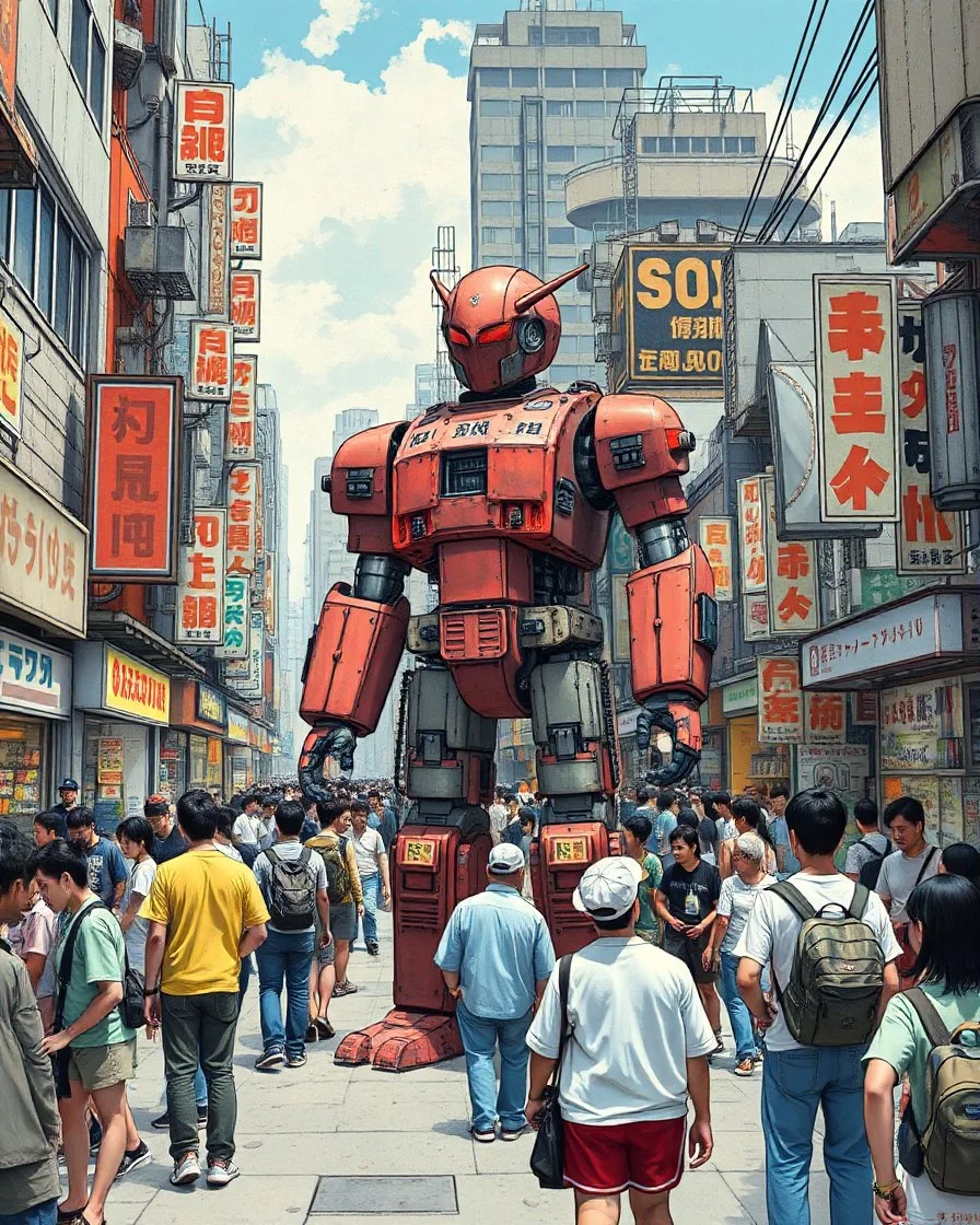 Junk city, many people buying a robot, street view, in the style of Katsuhiro Otomo,