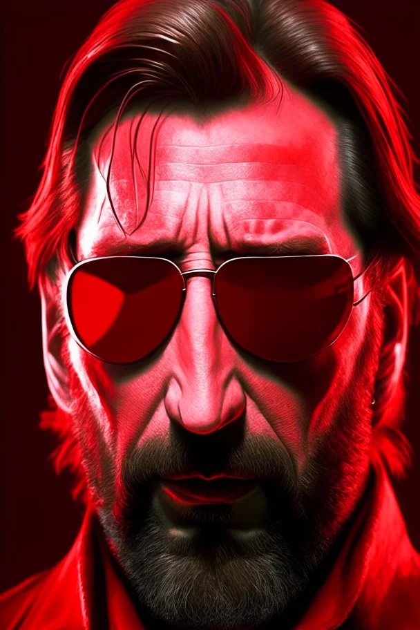 an evil, intimidating looking Hans Gruber wearing red-tinted glasses