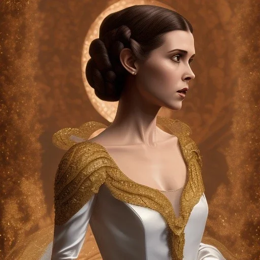 model shoot style, digital art portrait of (Princess Leia) ((dressed in white and gold gown)), surrounded by space, ultra-detailed, ultra quality, ((official character art)), (dark fantasy), illustration, eerie atmosphere, 8k, cinematic lighting, bokeh