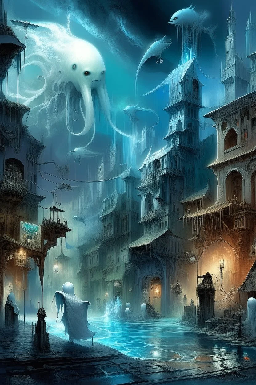 A captivating depiction in digital form, showcasing a plethora of extraordinary ghost creatures thriving within a surreal and lively ghosts realm. This imaginative artwork embodies the essence of science fiction, presenting a medium shot composition with fantastical beings that are unique, belonging to a world beyond our own. A modern city out of this world enhanced by atmospheric lighting, and breathtaking landscapes. Busch painting style nightmare