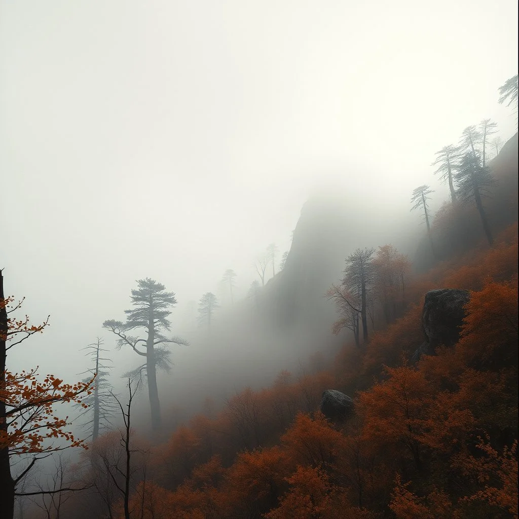 Close-up Ilford photograph of a creepy surreal landscape, eerie, no style, steep, autumn vegetation, very surreal, trees, spooky, metaphysical objects, giant sun, intricate, thoughtful, appalling, mountain rocks, deep 3d field, 8k, hypermaximalist, lot of fog