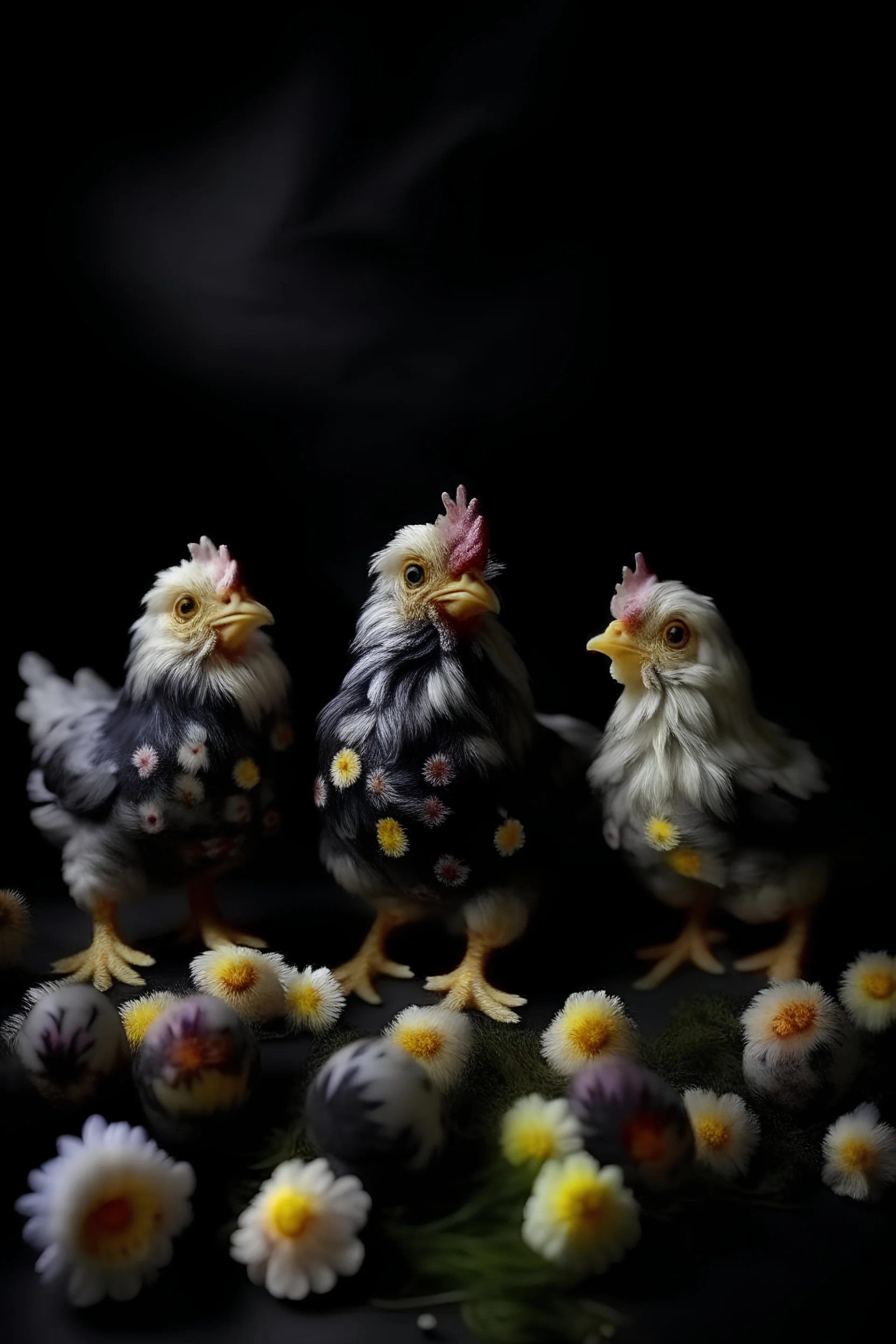 Cute Easter chickens, full figure, soft pastel, very small, many delicate flowers, sharp focus, dark background