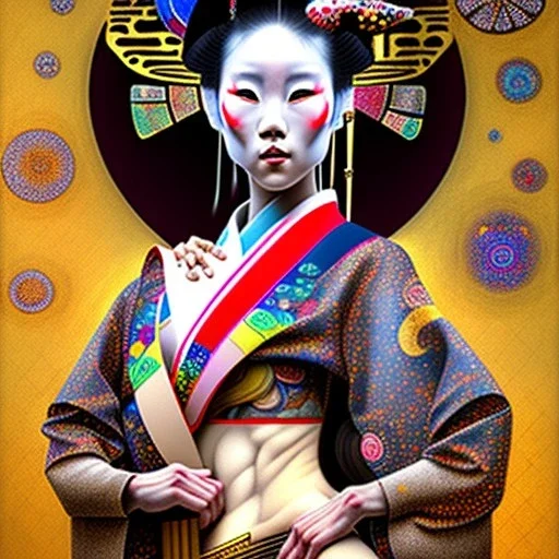 dibujo al oleo de cuerpo entero de una Geisha con tatuajes estilo Gustav Klimt