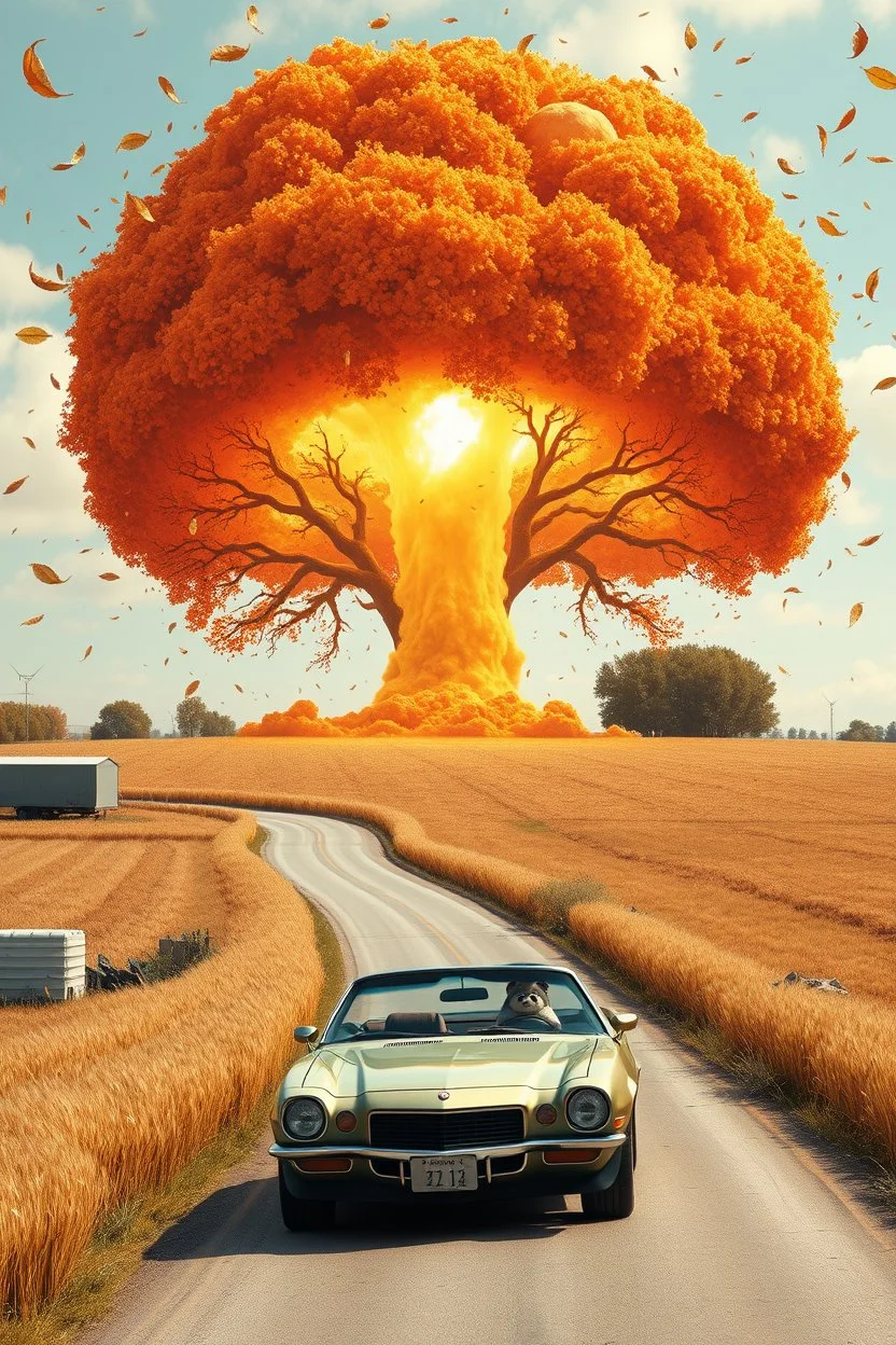a nuclear explosion mushroom cloud that looks like a autumn tree full of leaves, leaves falling everywhere. bottom 2/3 is a curved dirt road through a wheat field, a wind is blowing away from the tree. a commercial building is in the field on the left, large at bottom on the road is a 1971 Camaro convertible with 2 oversized animated racoons inside with hands up in celebration, poster in Japanese auto-show esthetic
