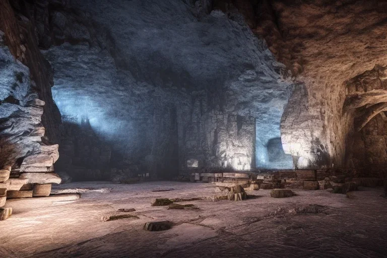 ancient city in cave, atmospheric, realistic, unreal engine, cinematic lighting, octane render.