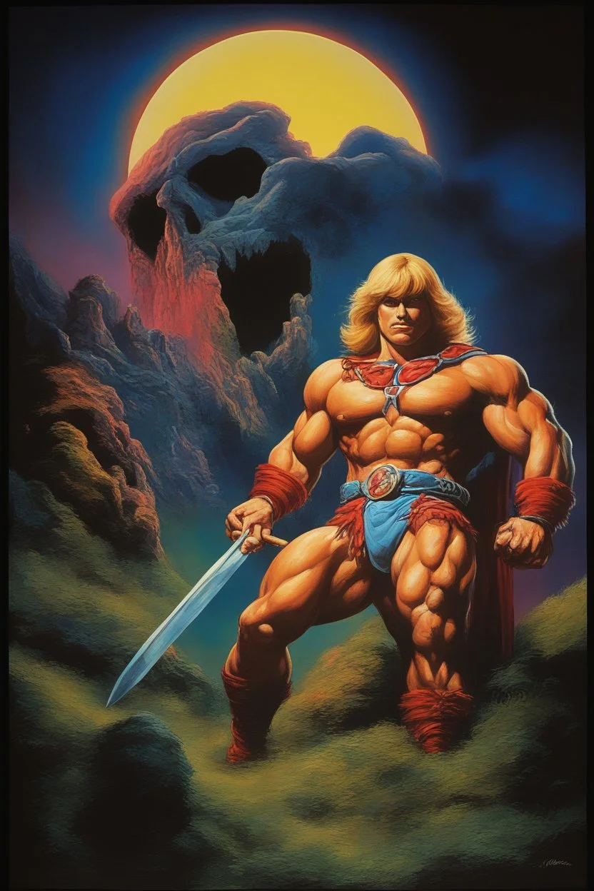 in the dead of night the bright moon shines down on a giant, extremely colorful He-Man facial portrait, acrylic on canvas, Movie poster, in the art style of Boris Vallejo,