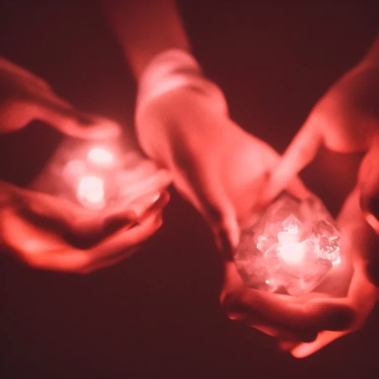 hands holding single pink crystal, dark, glowing, orange light, in a foggy cave, cinematic, abstract