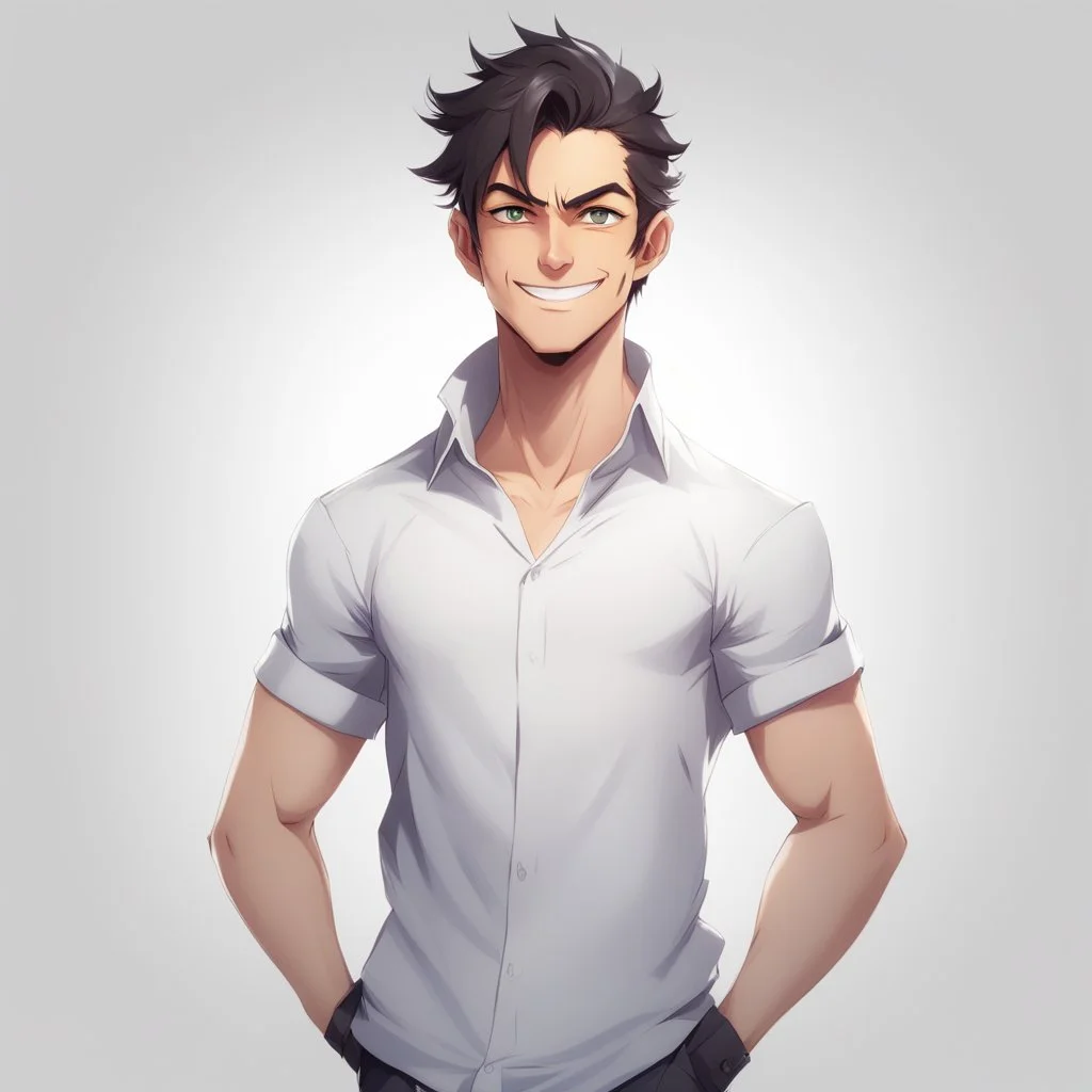 1male, young, assistant, cheerful, facing the camera, center in portrait, arms to the side, standing straight, white background, trending in artstation, anime